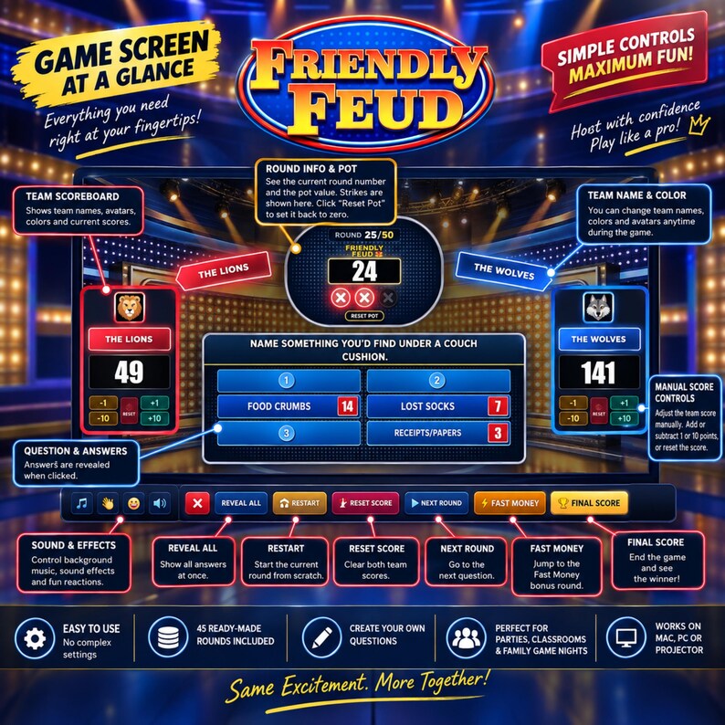 Friendly Feud game setup screen with team presets, colors, avatars, rounds, timers and ready-made questions. This family feud digital game requires no complicated setup and runs directly in a web browser.