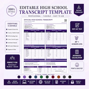 High School Transcript Template | Printables Home School Diploma | Editable Homeschoolers Academic Record | Official Smart HTML Template