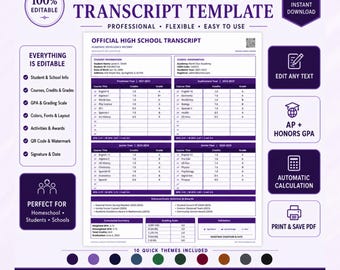 High School Transcript Template | Printables Home School Diploma | Editable Homeschoolers Academic Record | Official Smart HTML Template