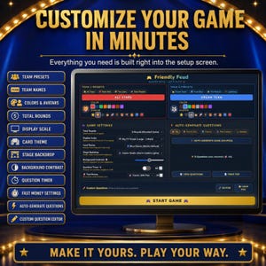 Friendly Feud game screen showing team scores, survey answers, strikes, sound controls, Fast Money and round controls. A more interactive alternative to traditional family feud slides and powerpoint games.