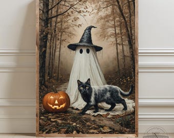 Ghost and Black Cat Print, Vintage Halloween Wall Art, Spooky Pumpkin Painting, Dark Academia Decor, Whimsigoth Digital Download