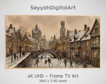 Vintage Winter Frame TV Art, Ice Skating Village Oil Painting, Rustic Christmas Landscape, Snowy Holiday Digital Download 4K TV Screensaver