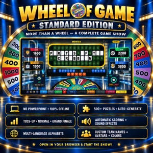 May include: Wheel of Game Standard Edition digital game software featuring a central puzzle board with the text PRTS FT CRBBN, surrounded by player score panels, a colorful prize wheel, and feature icons including no PowerPoint, 500+ puzzles, and sound effects.