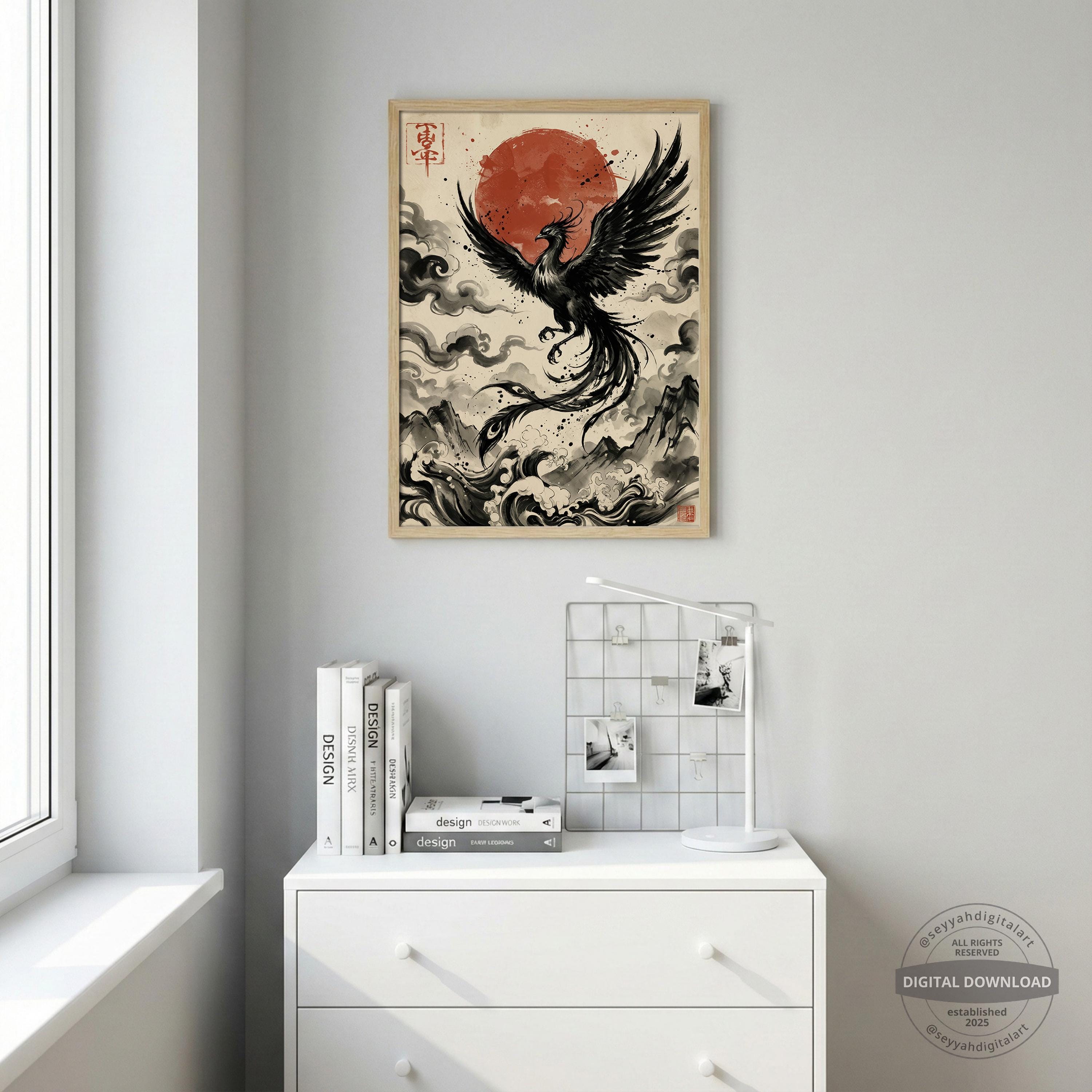 Japanese Phoenix Wall Art Print, Sumi-e Ink Rising Sun Poster