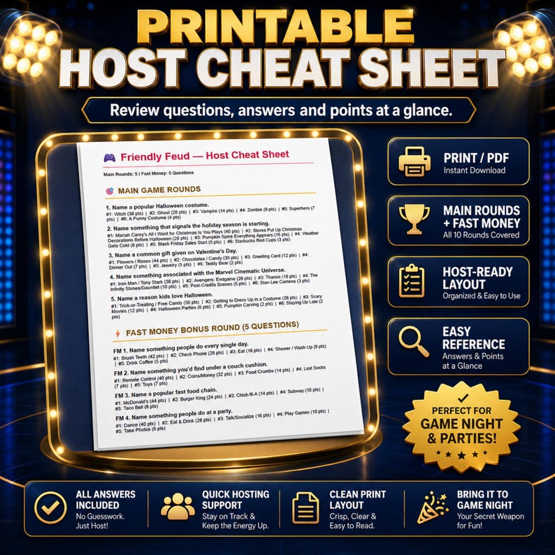 Printable Friendly Family Feud host cheat sheet displaying main round and Fast Money questions, answers and point values. A convenient alternative to managing separate family feud slides while hosting the game.