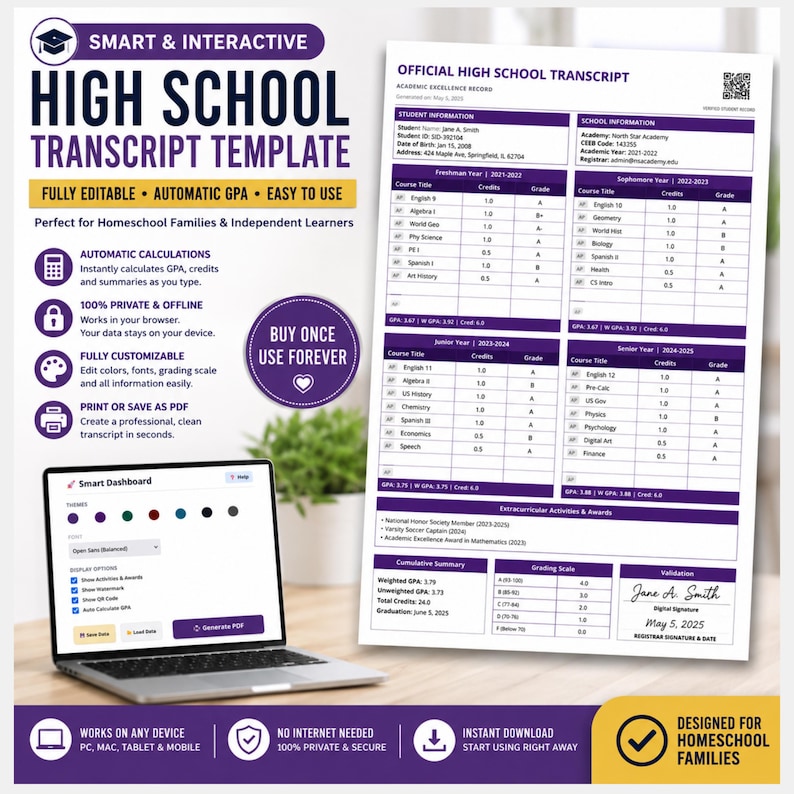 Illustration of the secure official high school transcript canva template that allows users to manage multiple students with one purchase. This Smart HTML capability transforms a simple form into a reusable editable homeschoolers academic record for freshman through senior years. It creates a cohesive portfolio alongside a printables home school diploma, canva template ensuring long-term record-keeping safety.