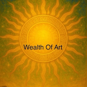 May include: A golden sun illustration with radiating rays against a teal and yellow background. The sun has a detailed circular center with the text "Wealth Of Art" at the bottom. The artwork evokes a sense of warmth and artistic expression.