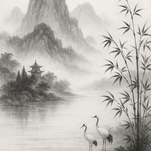 Op de afbeelding: Een grijstinten landschapsschilderij met een bergketen, een meer en bamboe. Twee witte kraanvogels staan in het water. Een pagode is zichtbaar op een eiland. Het kunstwerk straalt rust uit.