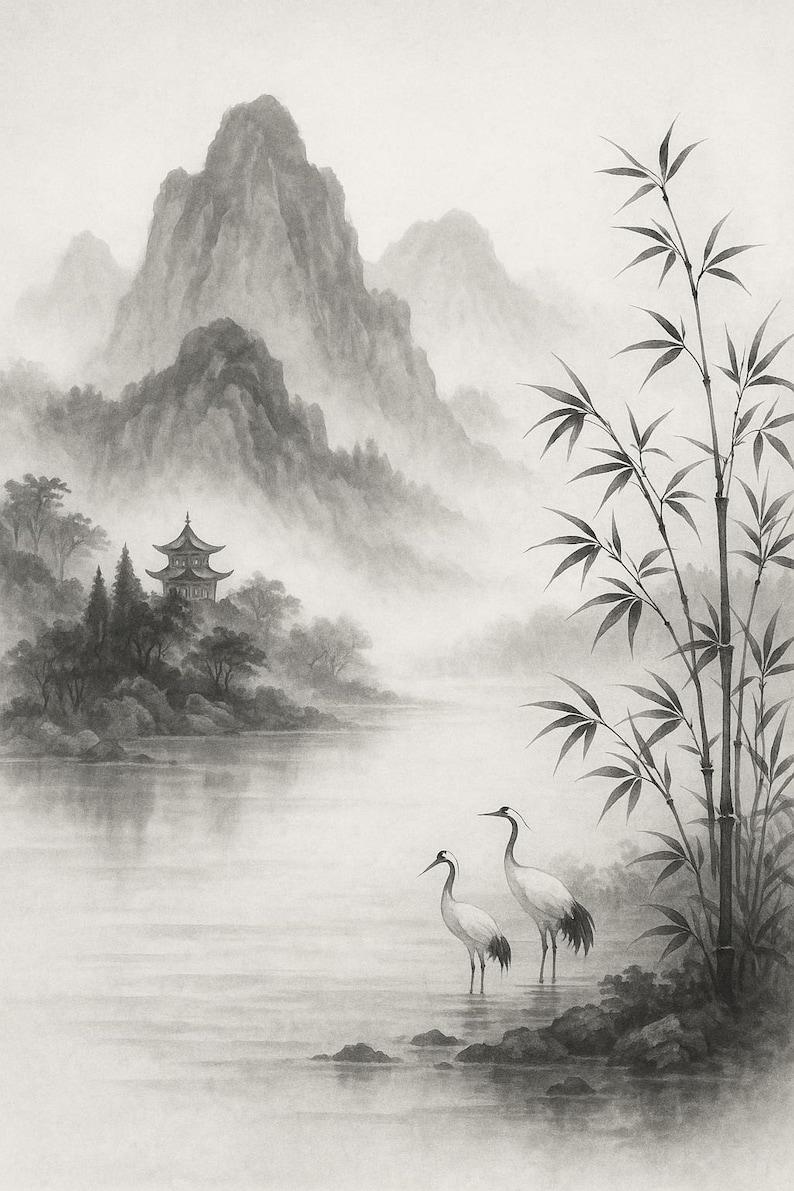 Op de afbeelding: Een grijstinten landschapsschilderij met een bergketen, een meer en bamboe. Twee witte kraanvogels staan in het water. Een pagode is zichtbaar op een eiland. Het kunstwerk straalt rust uit.
