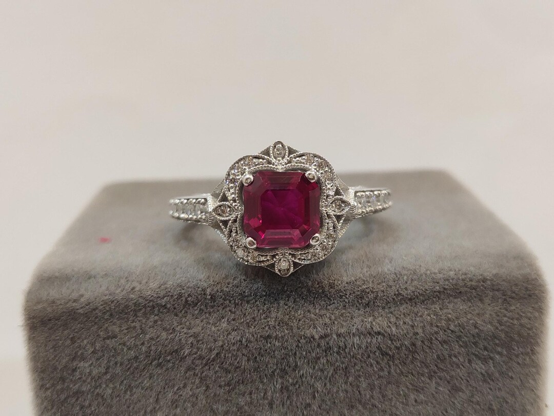 Antique 2.40ct Asscher Cut Ruby Engagement Ring in 925 Sterling Silver ...