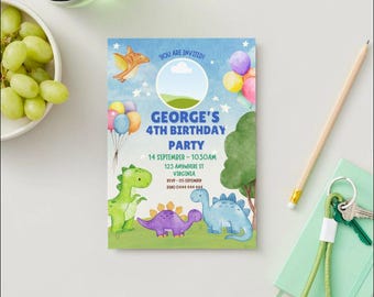 Dinosaur Birthday Invitation | Blue Dino Party | Editable Template with Photo | 2nd 3rd 4th 5th Birthday | Digital Download