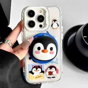 Cute Cartoon Penguin Magnetic iPhone Case with Rotating Stand Ring, Anti-Slip Grip iPhone Cover Supports MagSafe