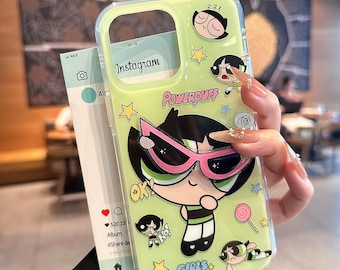 Funda de silicona con diseño de Buttercup y gafas de sol 3D de Las Chicas Superpoderosas para iPhone 13, 14, 15, 16 y 17 Pro Max.