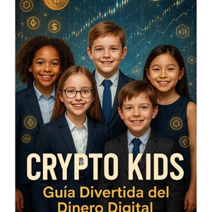 Pode incluir: Capa do livro "CRYPTO KIDS" com cinco crianças sorrindo em ternos. O fundo apresenta símbolos de criptomoeda e um gráfico. O texto abaixo diz "Guía Divertida del Dinero Digital".
