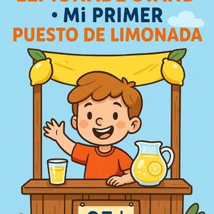 May include: Cartoon illustration of a child's lemonade stand. The sign reads "MY FIRST LEMONADE STAND - Mi PRIMER PUESTO DE LIMONADA". A glass and a jug of lemonade are on the stand. The price is displayed as "25¢".