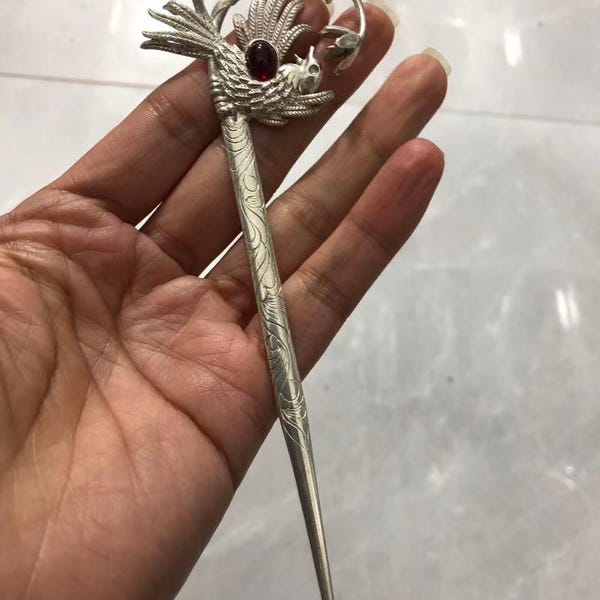 Épingle à cheveux phénix tibétaine antique en argent - Accessoire détaillé pour cheveux d'oiseau