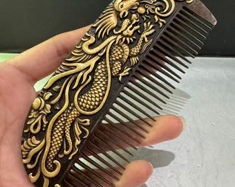 Collect handmade carved Vintage pure copper exquisite dragon and phoenix pattern comb ornaments
