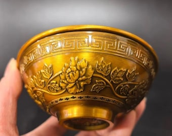 Collect hand carved pure copper brass high relief floral and fishpattern bowls ornaments