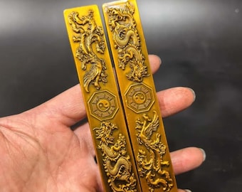 Collect hand carved pure copper Bagua dragon and phoenix pattern paperweight a pair,study decoration
