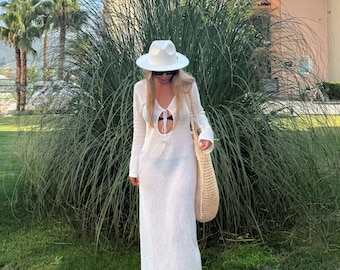 Bohemian White Knit Maxi Dress, Sheer Swim Cover Up, See Through Beach Tunic, Handmade Crochet Festival Dress, Summer Gift for Her