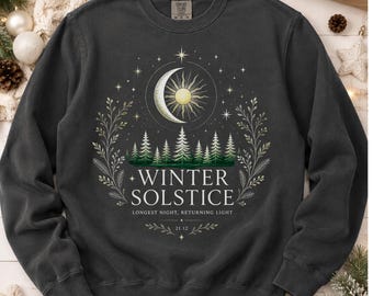 Sudadera del solsticio de invierno, sudadera de Yule, sudadera de la luna y el sol, Navidad de brujas, invierno celestial, la noche más larga que regresa