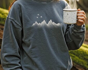 Vintage Mountain Sweater, Cozy Nature Sweatshirt, Outdoor Crewneck, Minimalist Forest Sweater, Pepper, Hiking Gift, Nature Lover Gift