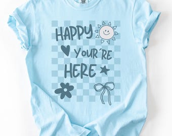 Camiseta "Me alegra ver tu cara", Camiseta colorida para profesores, Camiseta para profesores de vuelta al cole, Camiseta a cuadros para profesores, Camiseta para profesores del primer día, Regalo