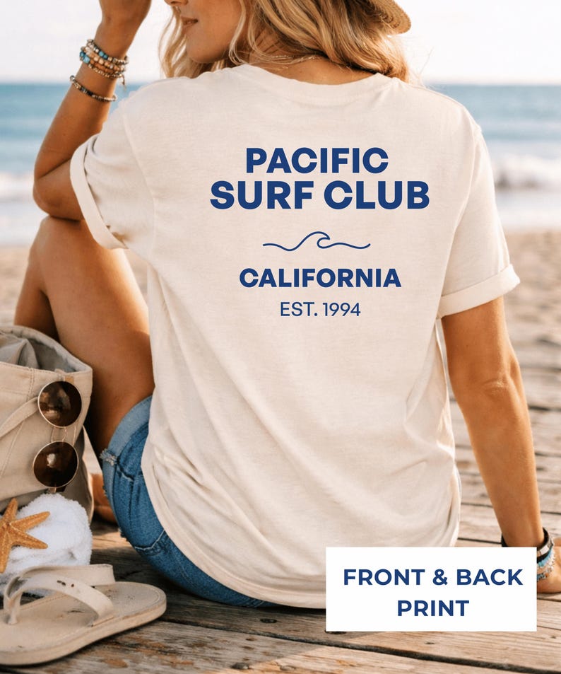 Camiseta Pacific Surf Club, Comfort Colors 1717 color marfil, camiseta de surf de California, estampado frontal y trasero, camiseta gráfica de surf vintage, camiseta de playa. imagen 1