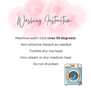Washing instruction text graphic listing care guidelines including cold machine wash and tumble dry low, accompanied by a small washing machine icon.
