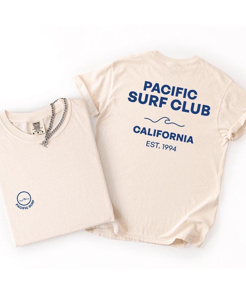 Camiseta Pacific Surf Club, Comfort Colors 1717 color marfil, camiseta de surf de California, estampado frontal y trasero, camiseta gráfica de surf vintage, camiseta de playa. imagen 4