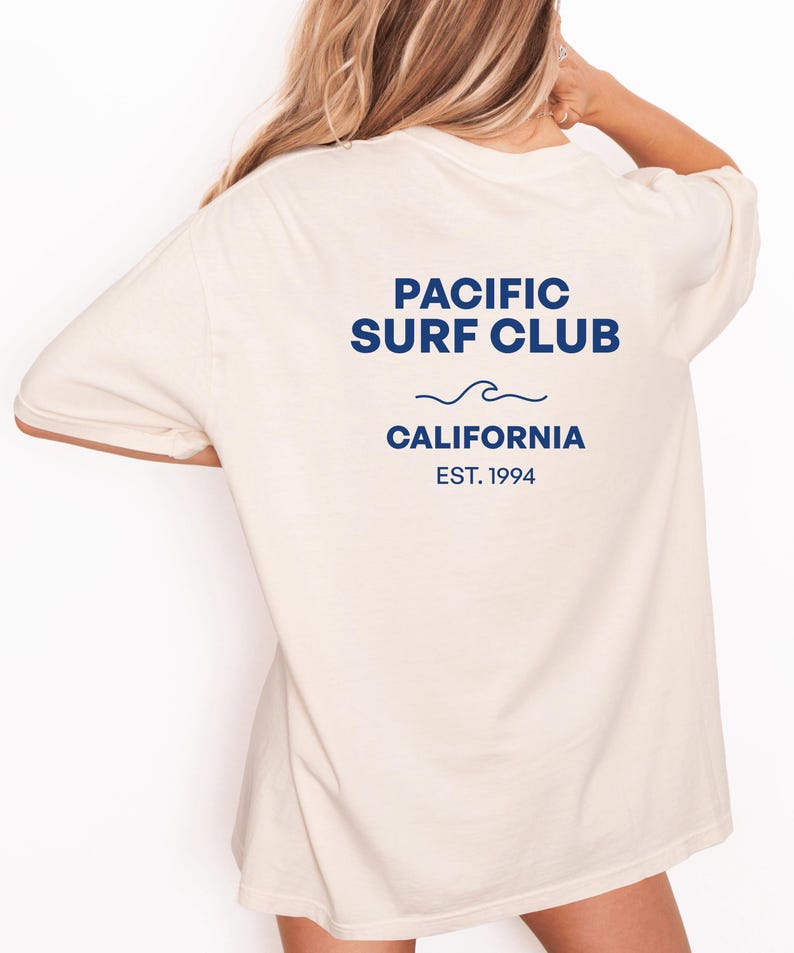 Camiseta Pacific Surf Club, Comfort Colors 1717 color marfil, camiseta de surf de California, estampado frontal y trasero, camiseta gráfica de surf vintage, camiseta de playa. imagen 5