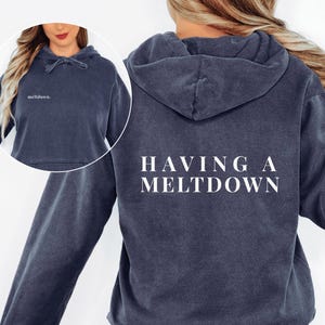 A person modeling the dark blue hoodie from behind with the text HAVING A MELTDOWN on the back, and an inset showing the front text reading meltdown in lowercase.