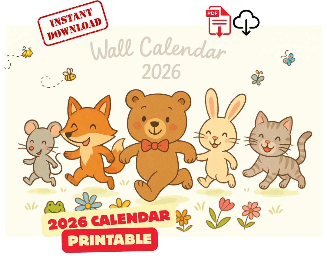 2026 Printable Calendar for Kids | Cute Animal Wall Calendar A4 PDF ...