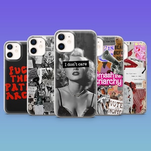 May include: A collection of phone cases with various designs. One case features the text "FUC THE PAT ARC" in red. Another displays a collage of images and text. A third case has a black and white image of a woman with the text "I don't care".