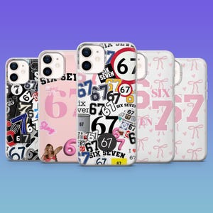 Könnte beinhalten: Eine Sammlung von Handyhüllen mit verschiedenen Designs. Die Hüllen zeigen die Zahl "67" in verschiedenen Stilen, zusammen mit den Worten "Six Seven" und anderen Grafiken. Farben sind Schwarz, Weiß, Rosa und Blau.