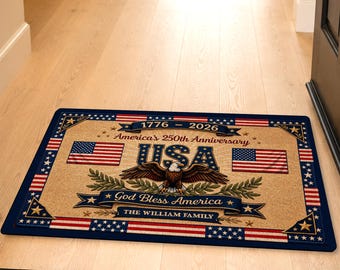 America 250th Anniversary Rubber Doormat, Patriotic USA Eagle Rug, God Bless America (1776-2026)
