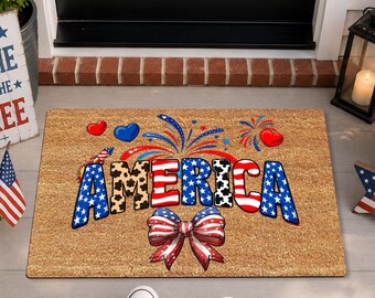 America Coquette Bow Flag Rubber Doormat, Cute USA Bow Doormat, Patriotic Welcome Mat, Fourth of July Doormat, Party in the USA Mat