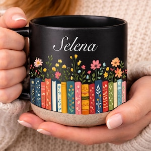 Personlig vintage bokhyllebibliotekskeramikmugg, blommiga bokgåvor för läsare, anpassad läskaffekopp, bokälskarens födelsedagspresent