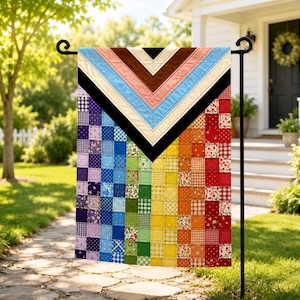 Quilted Progress Pride Garden Flag, Patchwork LGBTQ Yard Decor