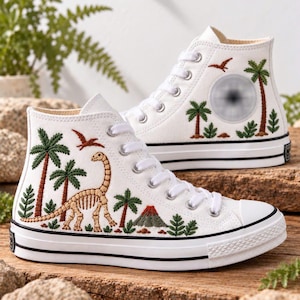 Hand Embroidered Converse High Tops, Dinosaur Skeleton Fossil Sneakers, Sauropod Botanical Shoes, Paleontology Gift for Her