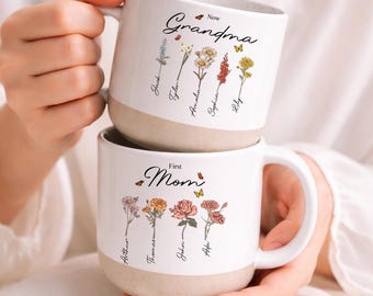 Taza personalizada "Primera mamá, ahora abuela", taza de cerámica con diseño floral del mes de nacimiento, taza personalizada para el jardín de mamás, regalo del Día de la Madre, taza de café para mamá y abuela.