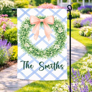Personalized Mothers Day Garden Flag, Pink Bow Wreath Custom Family Name Flag, Preppy Spring Porch Decor, Mothers Day Gift Yard Flag