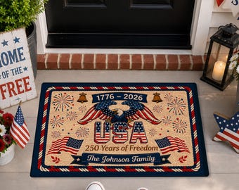USA 250th Anniversary Rubber Doormat, Patriotic Welcome Mat 1776–2026, America Anniversary Mat, Custom Family Name Patriotic America Decor