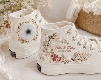 Fall Wedding Wildflower Embroidered Converse, Personalized Name Date Bridal High Tops, Autumn Floral Sneakers, Bride Gift