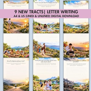 May include: A collection of nine digital letter writing templates featuring religious illustrations and text. Each page includes lined or unlined sections with scenic landscapes, families, and biblical figures. The text includes questions like Do all religions please God? and How can you have a happy family? with scripture references.