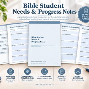 May include: A 21-page digital planner titled Bible Student Needs & Progress Notes with a dusty blue and white color scheme. The planner includes sections for contents, study session records, scripture understanding, and progress reviews.