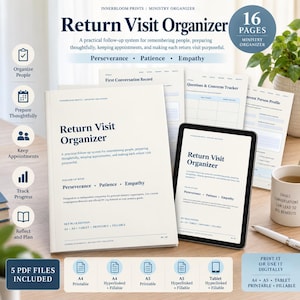 May include: A Return Visit Organizer set featuring a 16-page ministry planner in print and digital formats. The cream-colored pages display dark blue text, including sections for First Conversation Record, Questions & Concerns Tracker, and profiles.