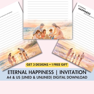 Könnte beinhalten: Digitaler Download mit drei Designs, die Strandszenen und liniertes Papier zeigen. Der Text enthält "Eternal Happiness" und "Invitation". Das Bild enthält auch den Text "Get 3 Designs + 1 Free Gift".