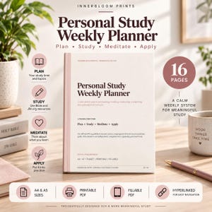 Puede incluir: Un planificador semanal de estudio personal en color rosa polvoriento de 16 páginas. La portada incluye el texto Personal Study Weekly Planner, Plan, Study, Meditate, Apply y Dusty Pink Edition. Incluye opciones A4, A5, tableta, imprimible y rellenable.