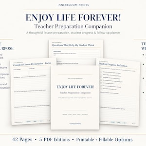 以下が含まれることがあります： ENJOY LIFE FOREVER!というタイトルの教師用準備コンパニオンプランナー。レッスン準備、生徒の進捗状況の振り返り、質問のための複数のページが含まれています。42ページ、5つのPDF版、印刷および入力可能なオプションがあります。